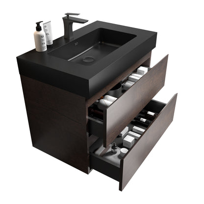 Modern 30" Walnut Floating Bathroom Vanity with Black Sink and Ample Storage