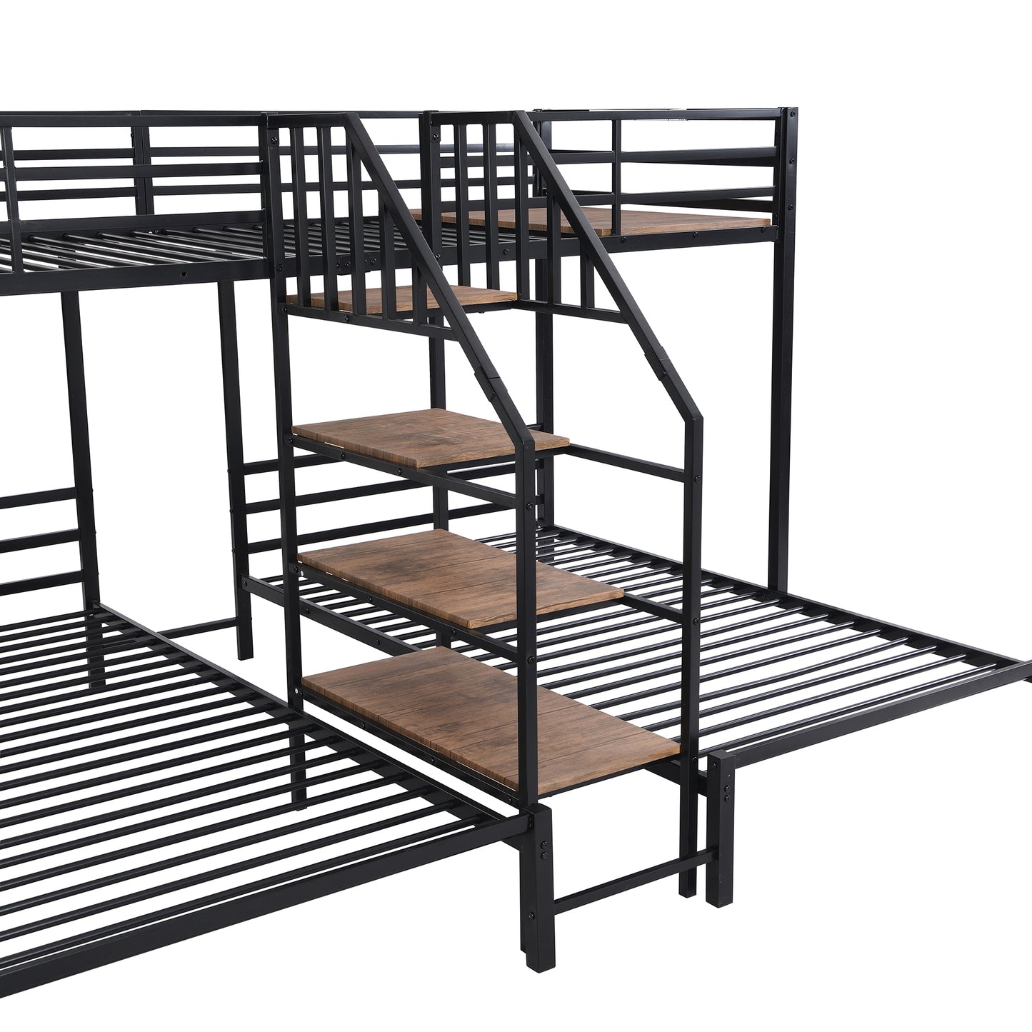 Black Metal Triple Bunk Bed with Storage Shelves and Staircase - Twin Over Twin Configuration