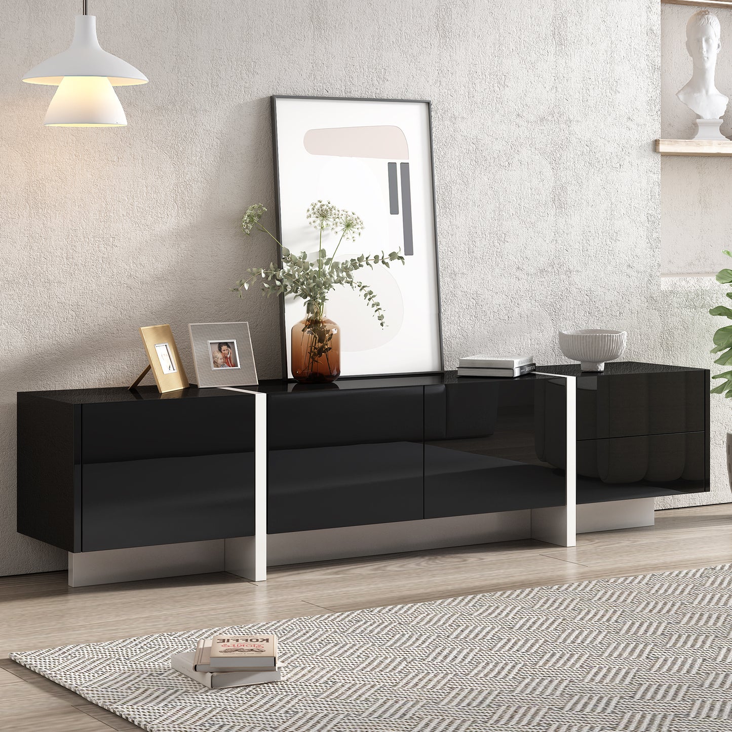 Contemporary TV Stand for 80-Inch TVs, 74.8in Wide UV-Gloss Console with 2 Drawers & 3 Cabinets, Living Room White & Black