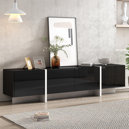 Contemporary TV Stand for 80-Inch TVs, 74.8in Wide UV-Gloss Console with 2 Drawers & 3 Cabinets, Living Room White & Black
