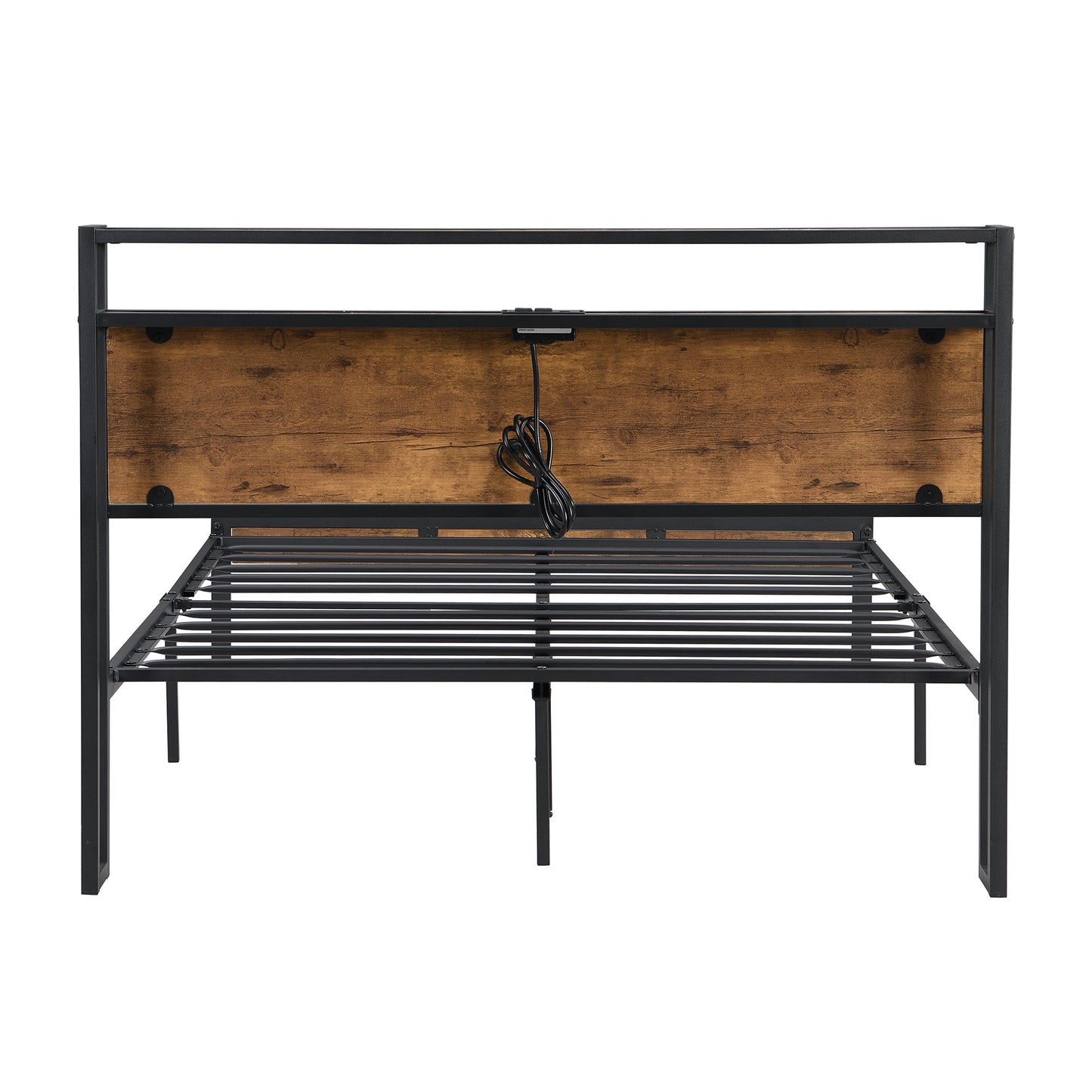 Elegant Queen Size Metal Platform Bed Frame with Wooden Accents, USB Charging, No Box Spring Needed, Spacious Under-Bed Storage, Quick Assembly