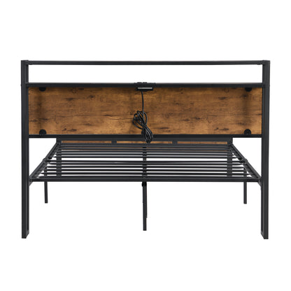 Elegant Queen Size Metal Platform Bed Frame with Wooden Accents, USB Charging, No Box Spring Needed, Spacious Under-Bed Storage, Quick Assembly