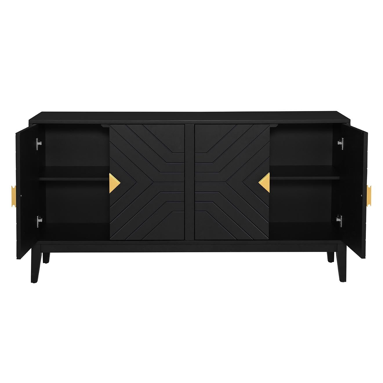 4-Door Sideboard Storage Cabinet for Living Room and Dining Room, Two Large Cabinets with Gold Handles and Adjustable Shelf, Black