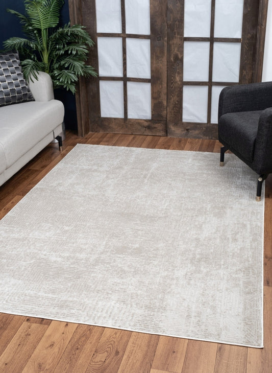Contemporary Area Rug, 7 ft 3 in x 5 ft 3 in, 0.31in Pile, Polyester, Stain-Resistant, Ivory