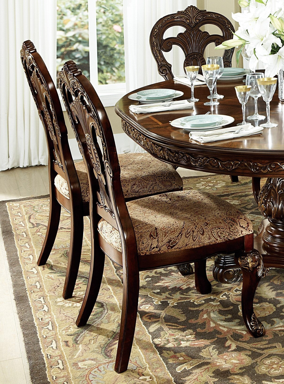 2-Piece Traditional Dining Side Chairs, Fabric Upholstered Wood Frame Gold Tipping, 21.25 in Seat, Cherry