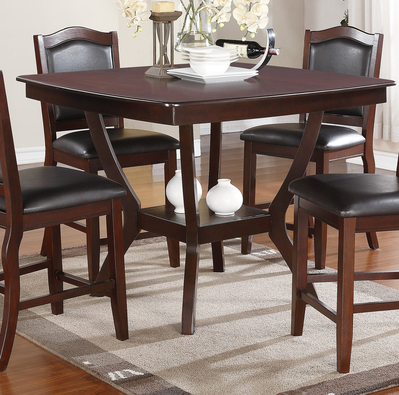 Formal Look Counter Height Dining Table w Shelve And 4x Side Chairs Solidwood Espresso Finish 5pc Set Dining Room Furniture
