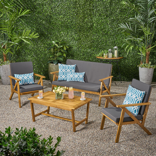 Outdoor 4-Piece Patio Chat Set With Wood Frame And Waterproof Fabric Cushions, 54.75-Inch L X 28.25-Inch W, Teak