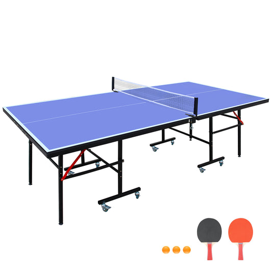 Regulation-Size 8ft Indoor Table Tennis Table, Foldable & Portable with Net, Paddles & 3 Balls Blue