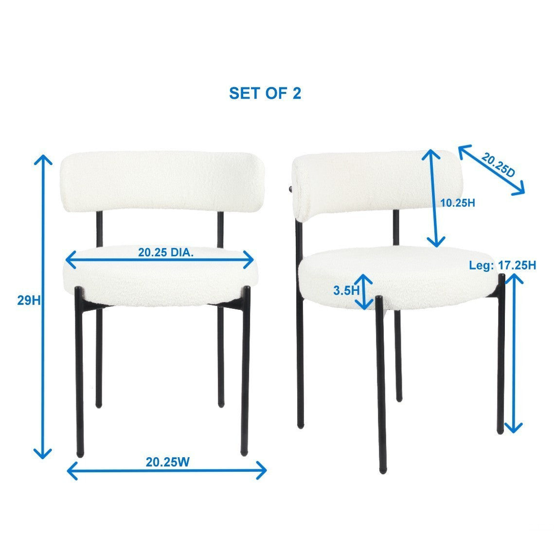 Set of 2 Modern Round Boucle Dining Chairs with Foam Cushions, 20.25W x 20.25D x 29H, Iron Legs, White