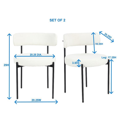 Set of 2 Modern Round Boucle Dining Chairs with Foam Cushions, 20.25W x 20.25D x 29H, Iron Legs, White