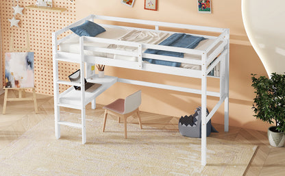 Twin Loft Bed with Integrated Desk and Shelves, Safety Guardrails, and Ladder in White