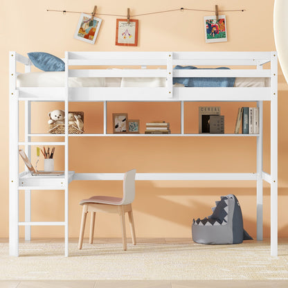 Twin Loft Bed with Integrated Desk and Shelves, Safety Guardrails, and Ladder in White
