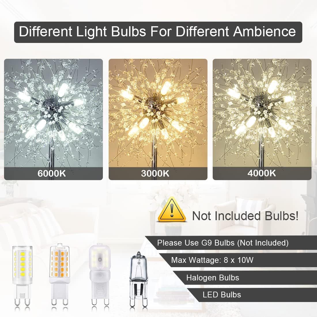 Crystal Floor Lamp, 69-Inch Tall, 8-Head Sputnik, 32 Firework Crystal Ornaments Included, Chrome Finish