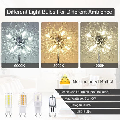 Crystal Floor Lamp, 69-Inch Tall, 8-Head Sputnik, 32 Firework Crystal Ornaments Included, Chrome Finish