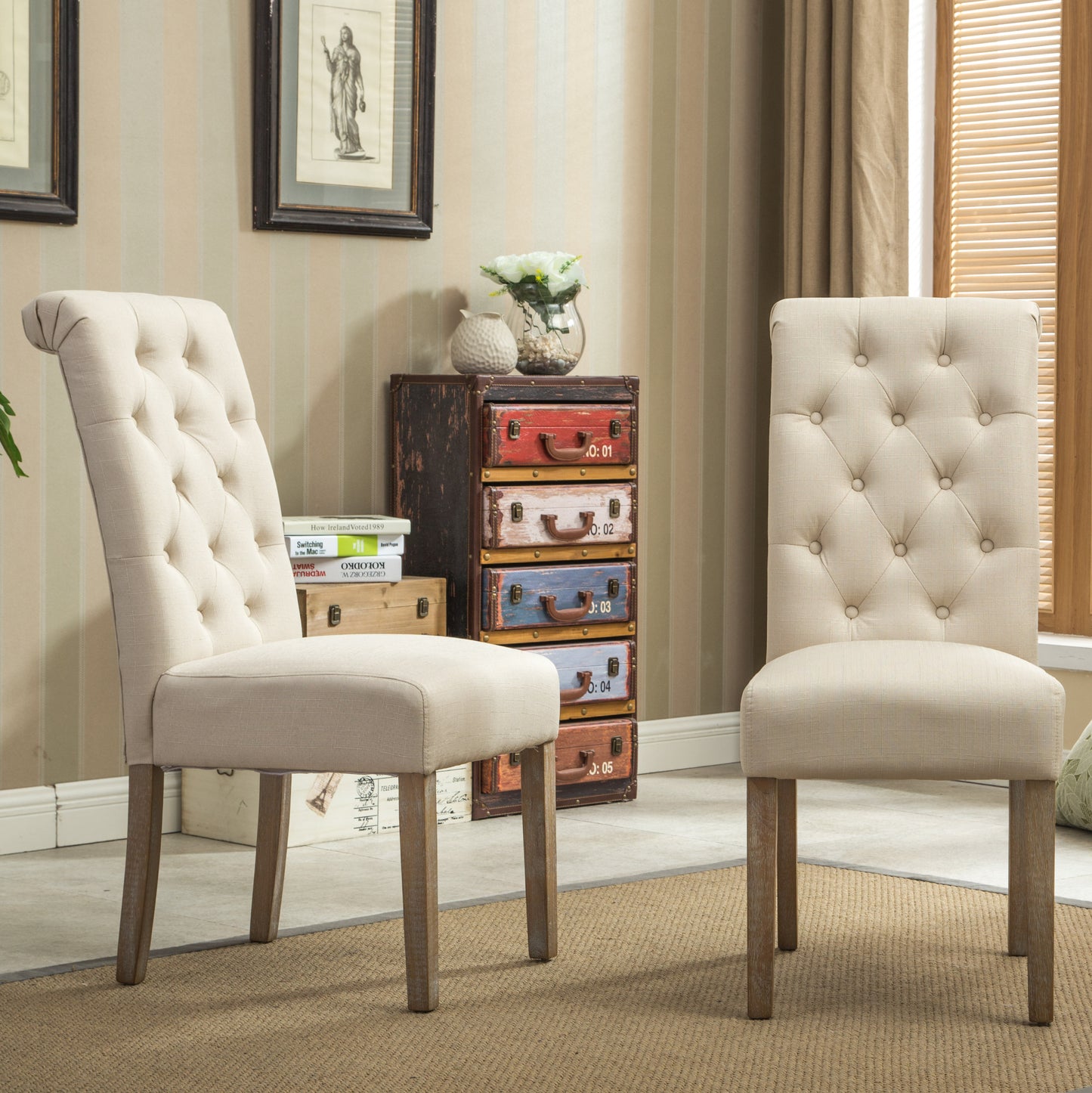 Round Dining Set With Cross Buck Base Tufted Chairs 5Pc Tan