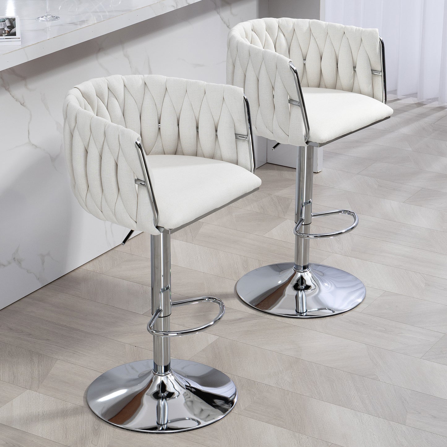 Counter-Height Bar Stools Set of 2, 360° Swivel, Fabric Cushions, Woven-Back, Foam-Padded, Beige