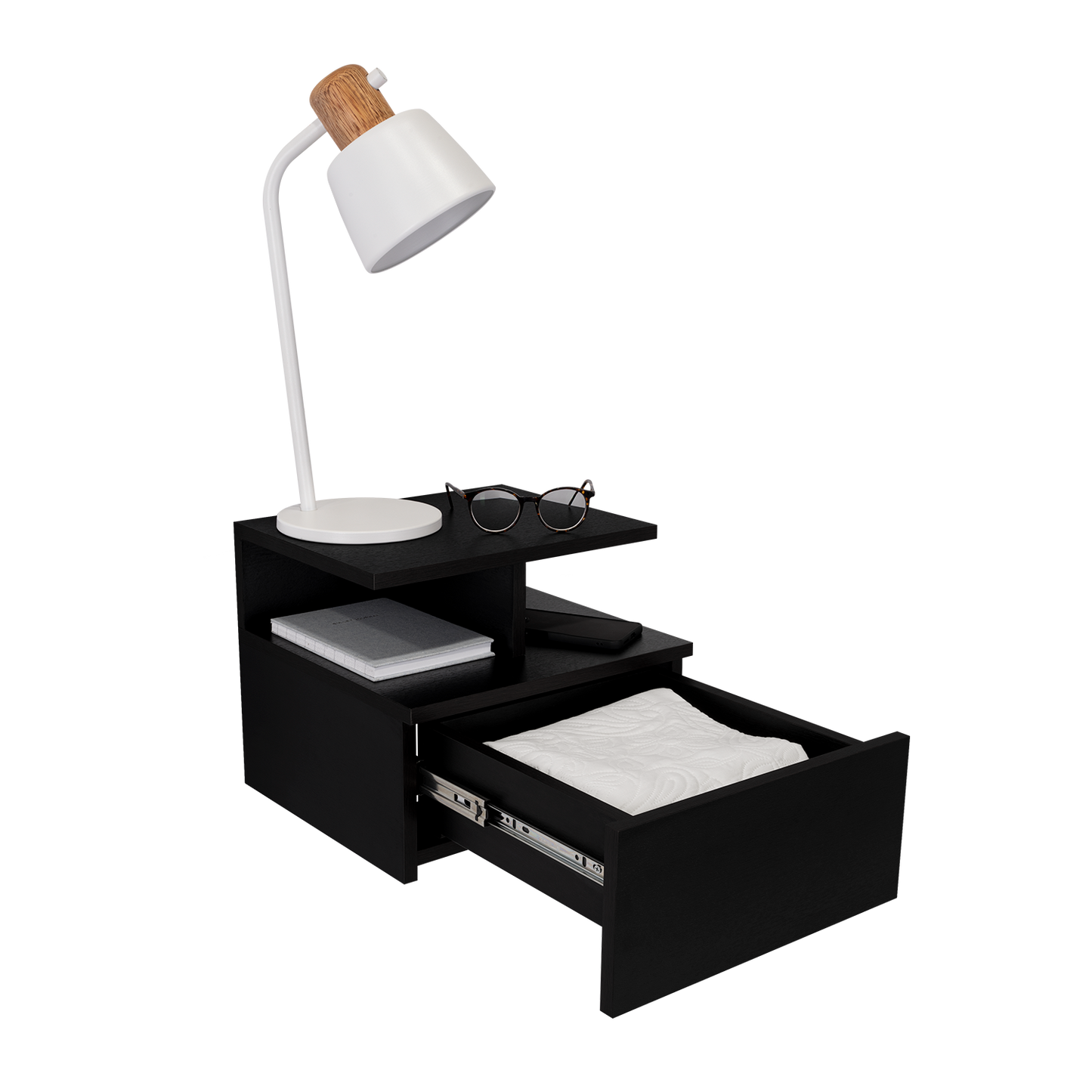 Adele Floating Nightstand , End Table, Side Table Drawer, Open Top Shelves -Black