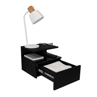 Adele Floating Nightstand , End Table, Side Table Drawer, Open Top Shelves -Black