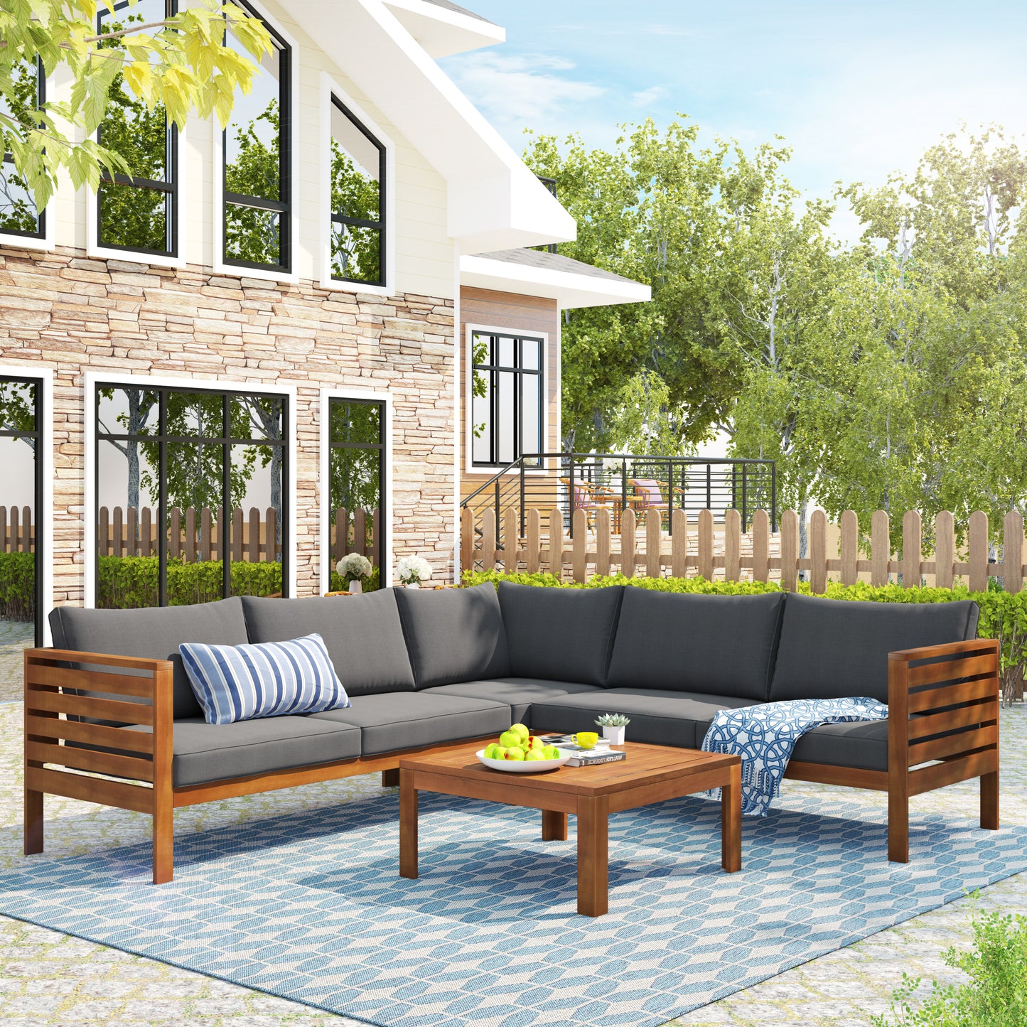 Exotic Outdoor Sofa Set In Acacia Wood With Metal Accents Water Resistant And UV Protected Cushions Included Patio Gray