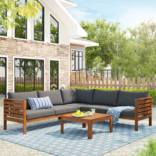 Exotic Outdoor Sofa Set In Acacia Wood With Metal Accents Water Resistant And UV Protected Cushions Included Patio Gray