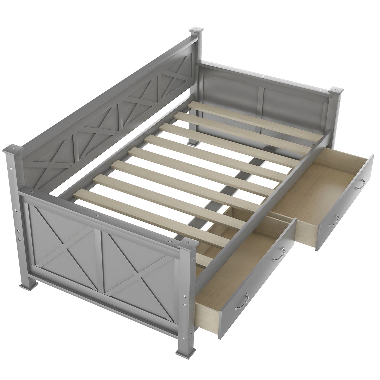 Elegant Twin Size Daybed with Spacious Drawers, X-Frame Design, Modern Rustic Appeal in Gray