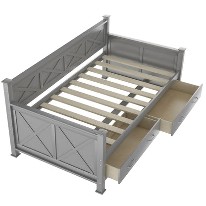 Elegant Twin Size Daybed with Spacious Drawers, X-Frame Design, Modern Rustic Appeal in Gray