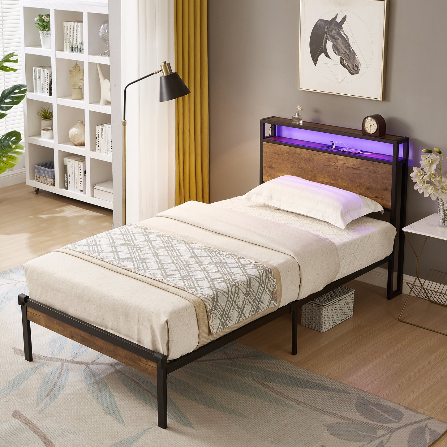 Twin Size Metal Bed Frame with Wooden Headboard, LED Lights, USB Ports, and Ample Under Bed Storage - Easy Assembly, No Box Spring Required