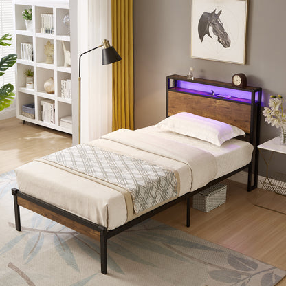 Twin Size Metal Bed Frame with Wooden Headboard, LED Lights, USB Ports, and Ample Under Bed Storage - Easy Assembly, No Box Spring Required