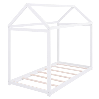 White Twin Size Pine Wood House Bed for Kids