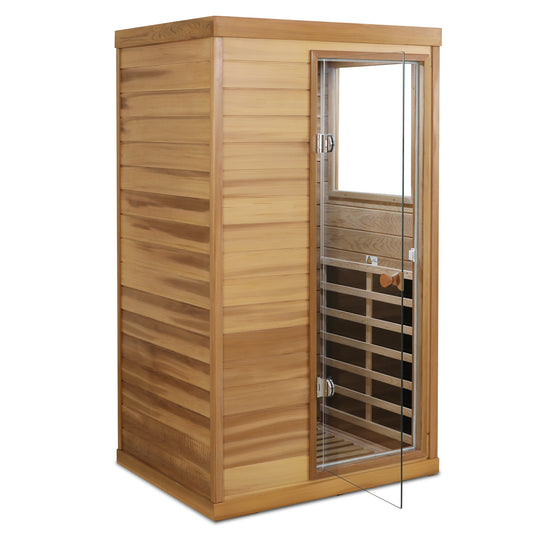 One-Person Indoor Far Infrared Sauna with Glass Door, Right Entry, 6 Heating Panels Caramel