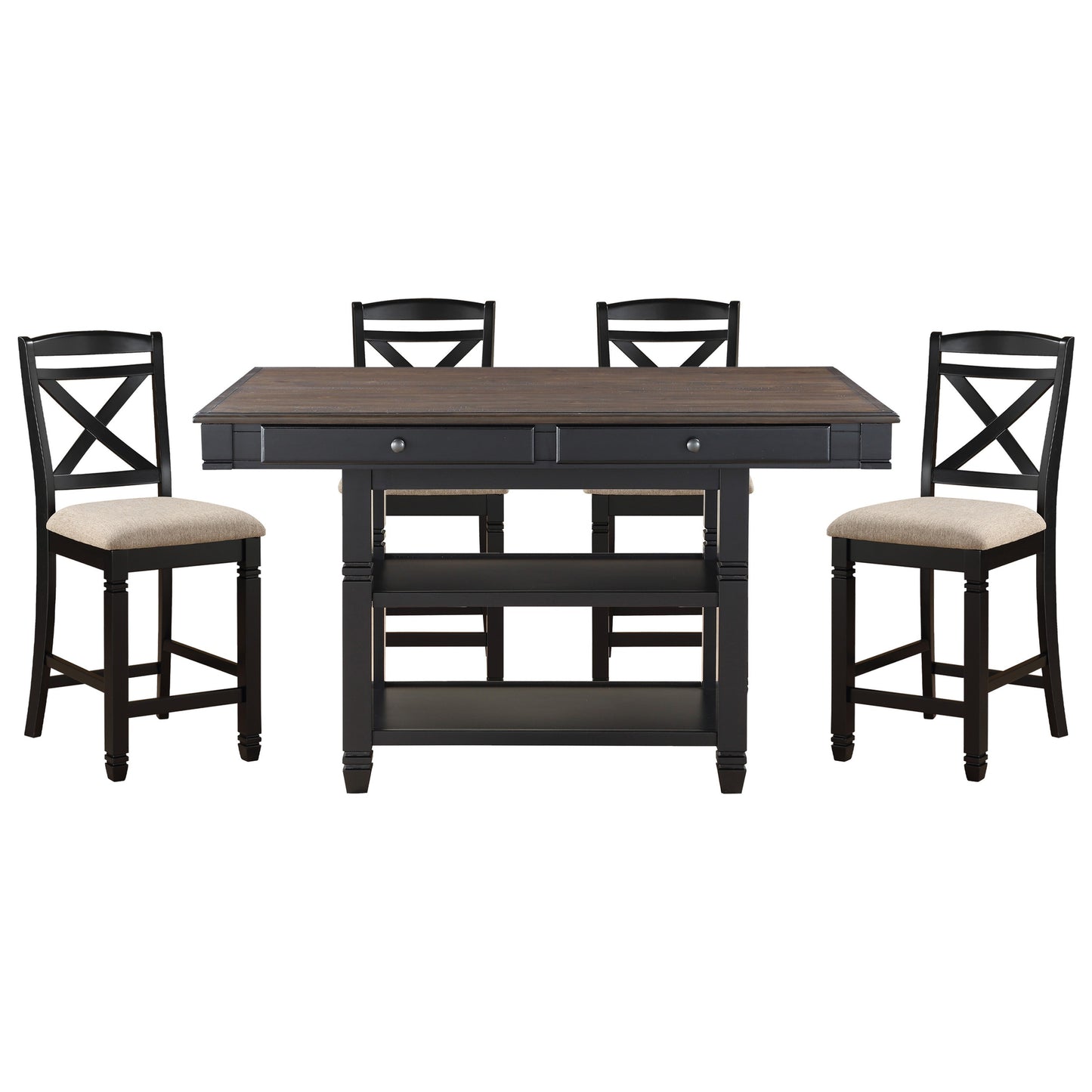 Transitional Style Dining Counter Height Chairs Set of 2pc Black Finish Wood Beige Fabric Seat Dining Room Furniture