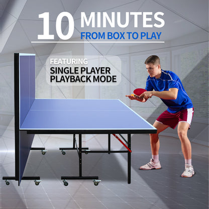 Regulation-Size 8ft Indoor Table Tennis Table, Foldable & Portable with Net, Paddles & 3 Balls Blue