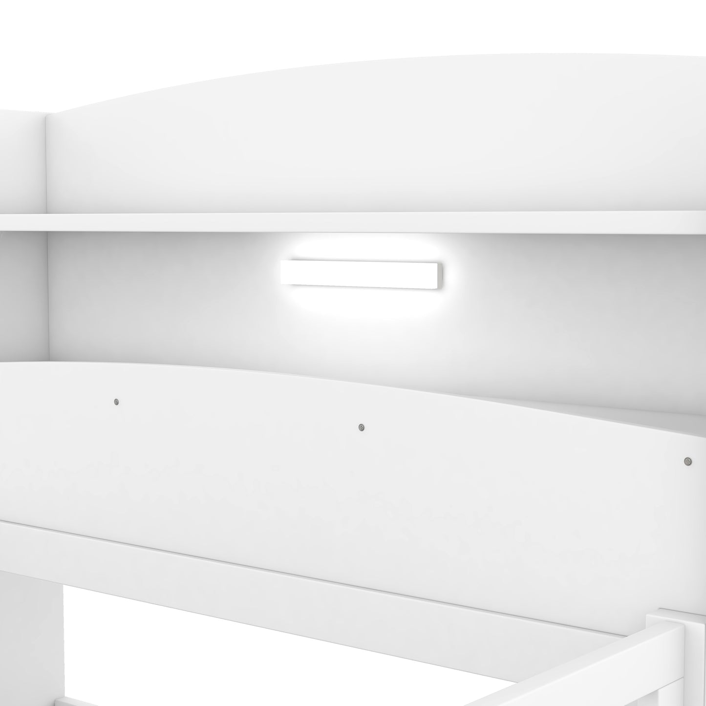 Elegant White Twin Platform Bed with LED Light, Storage Headboard, and Safety Guardrails
