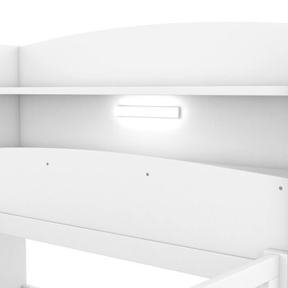 Elegant White Twin Platform Bed with LED Light, Storage Headboard, and Safety Guardrails