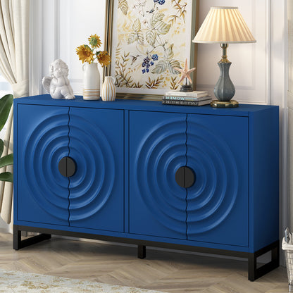 U-Style Storage Cabinet Sideboard Wooden Cabinet with Stunning Water Wave Door Design, Rubberwood Veneer and Adjustable Shelves,Suitable for Living Rooms, Entrance and Study Rooms, Blue