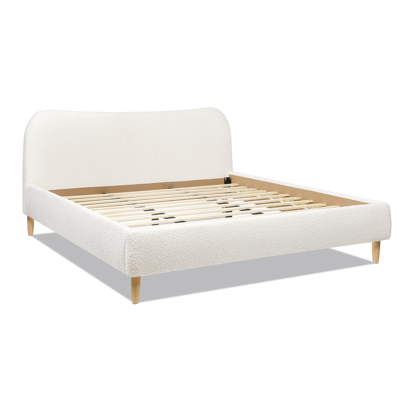 Ivory White Boucle King Platform Bed with Curved Upholstered Headboard