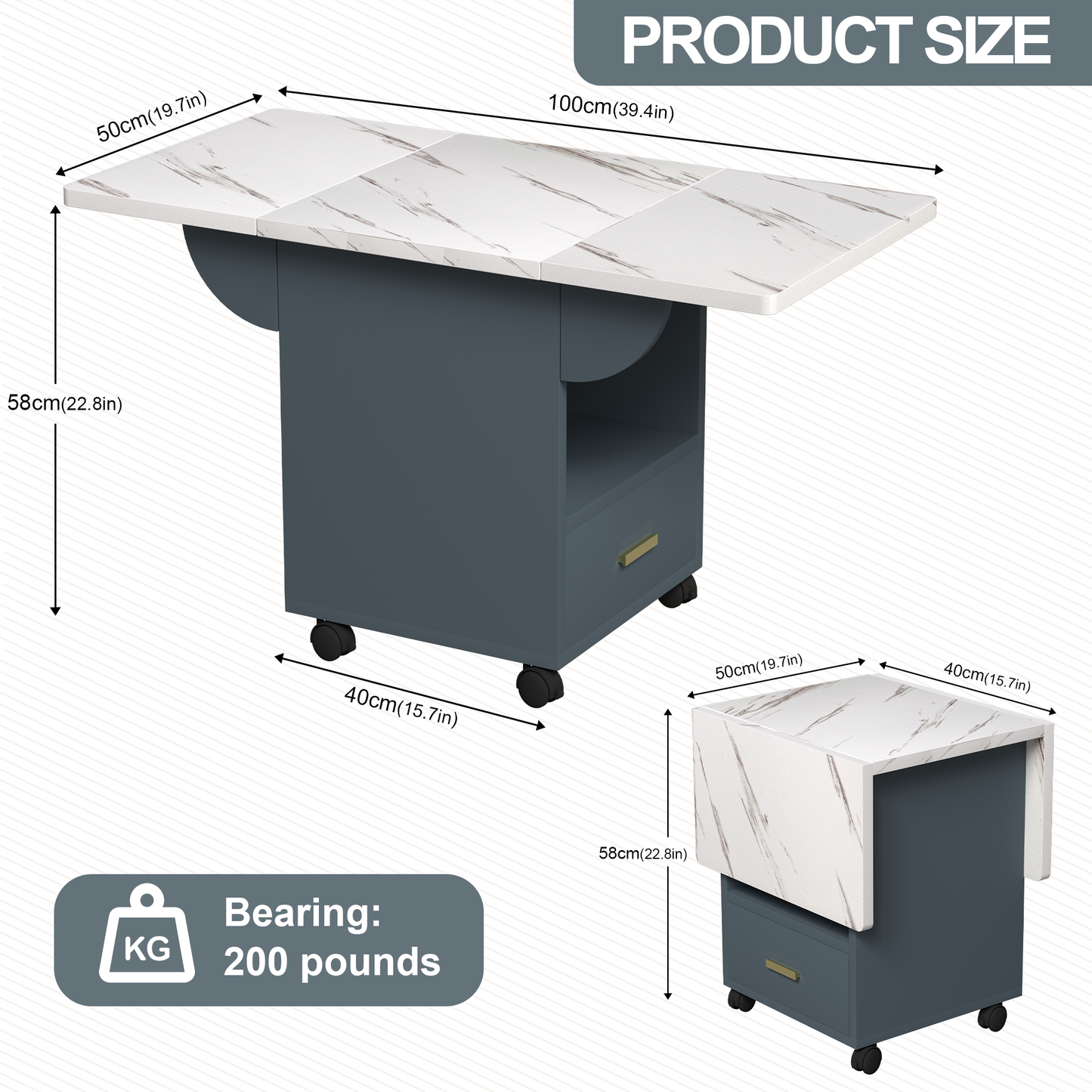 39.4 Inch Rolling Folding Dining Table With Storage Drawers