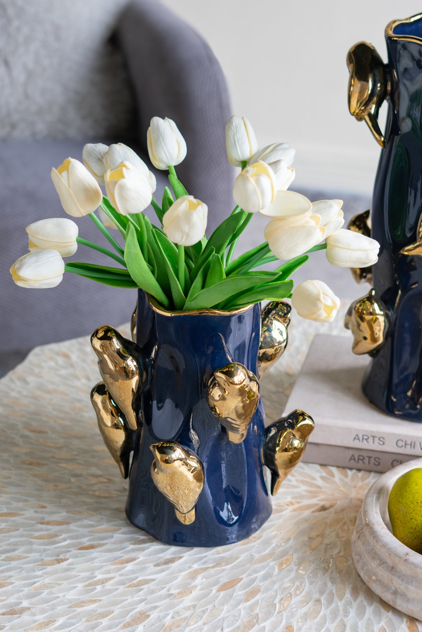 Ceramic Tree Branch Vase with Gold Birds, 8.7 x 8.7 x 9.5 in, Living Room Decor Blue with Gold Accents