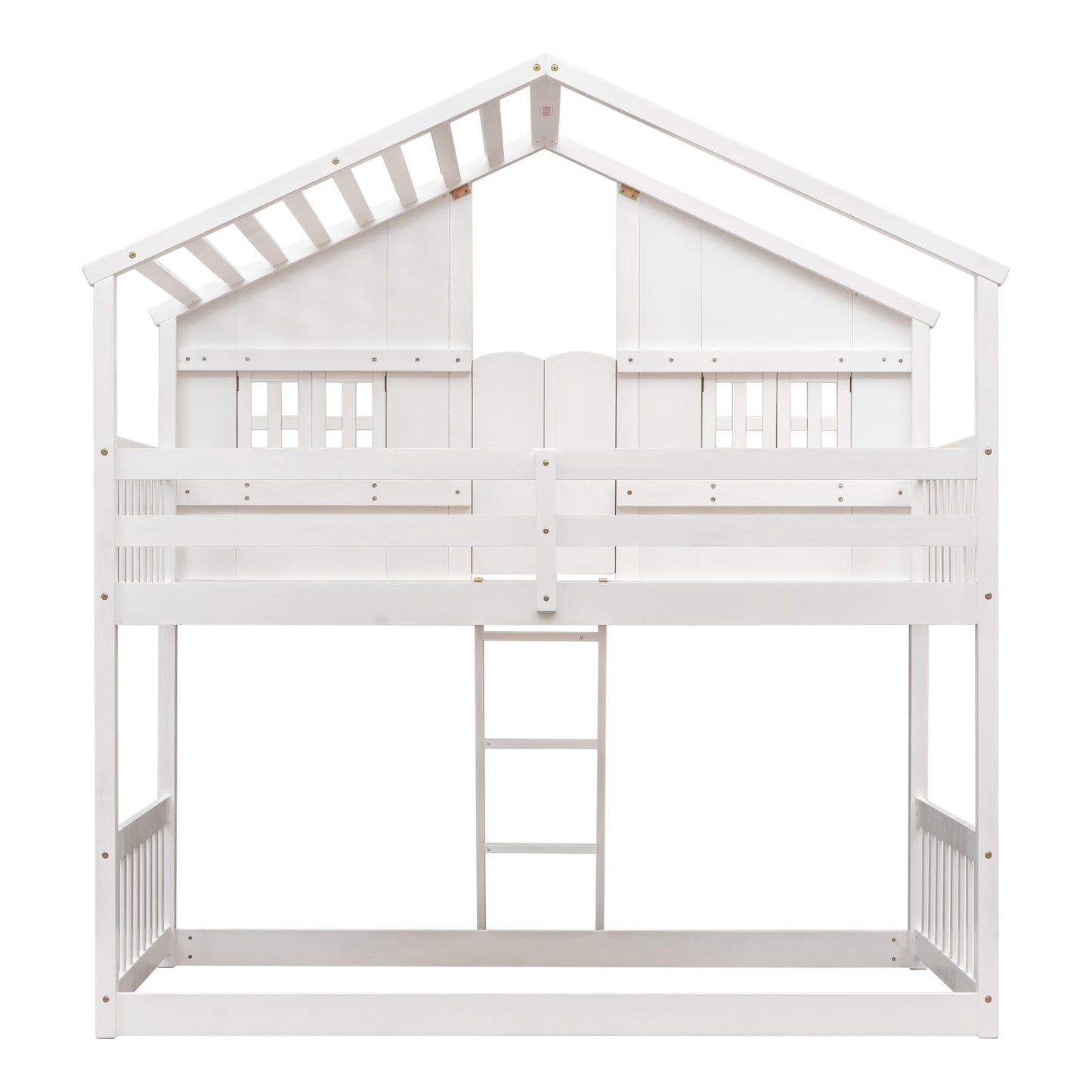 Charming Twin Over Twin House Bunk Bed with Roof and Window Features, Safety Guardrails and Ladder, White