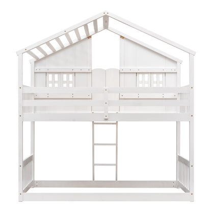 Charming Twin Over Twin House Bunk Bed with Roof and Window Features, Safety Guardrails and Ladder, White