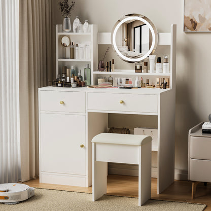 Vanity Set with LED Mirror and Adjustable Lighting, Cushioned Stool, 2 Drawers, Bedroom Vanity, White