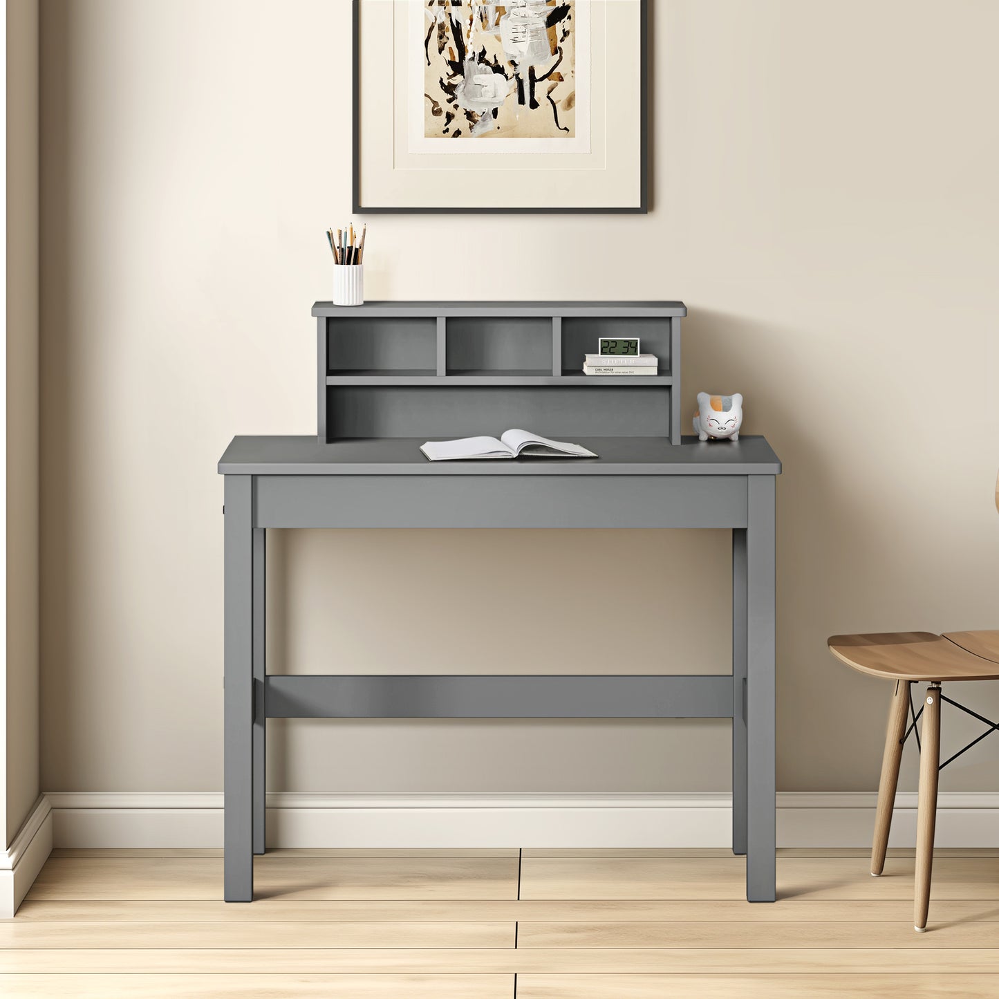 Sleek Gray Wood Writing Desk with Hutch and Cable Management