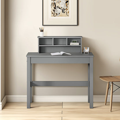 Sleek Gray Wood Writing Desk with Hutch and Cable Management