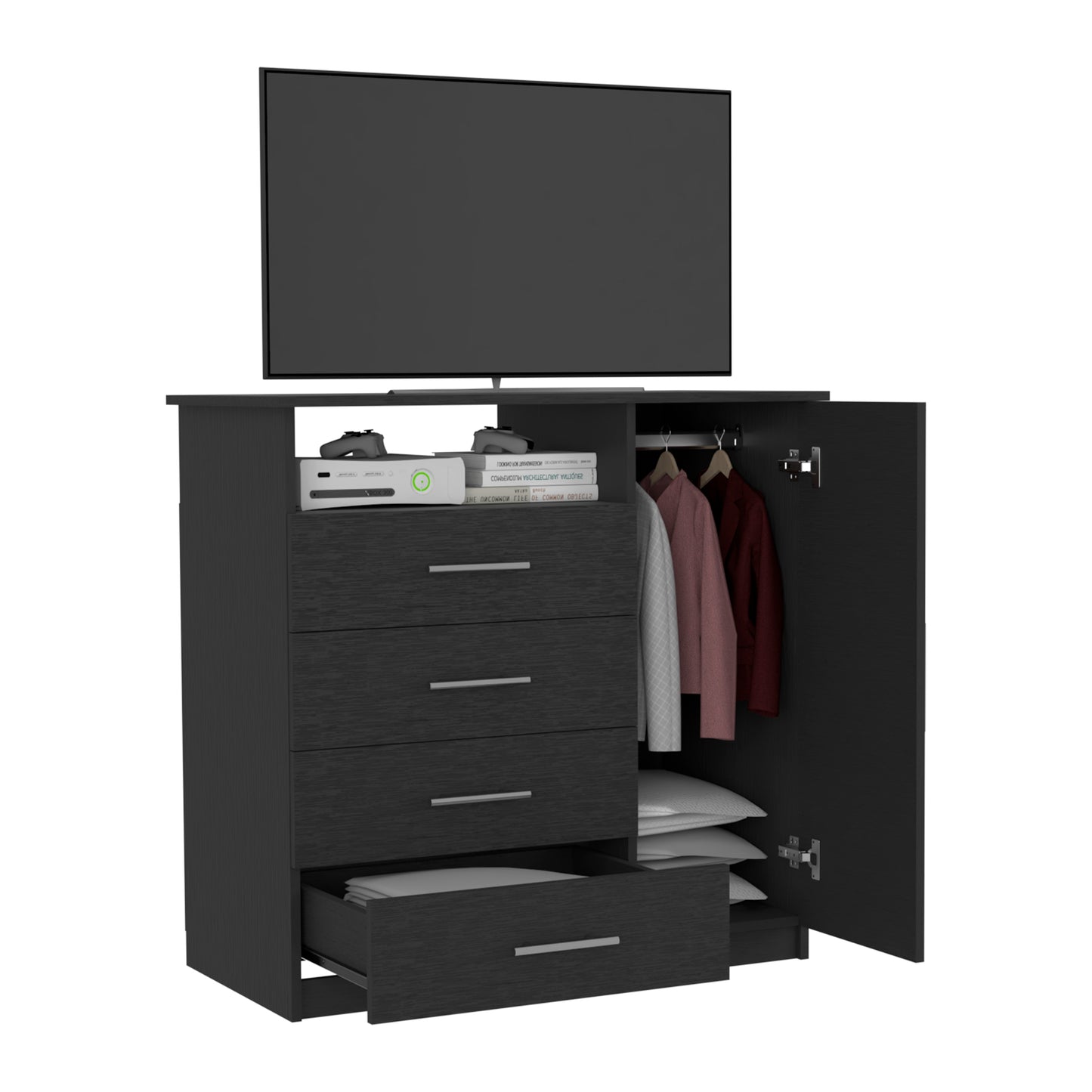 Peru Modern Black 4 Drawer Dresser with Cabinet and Open Shelf