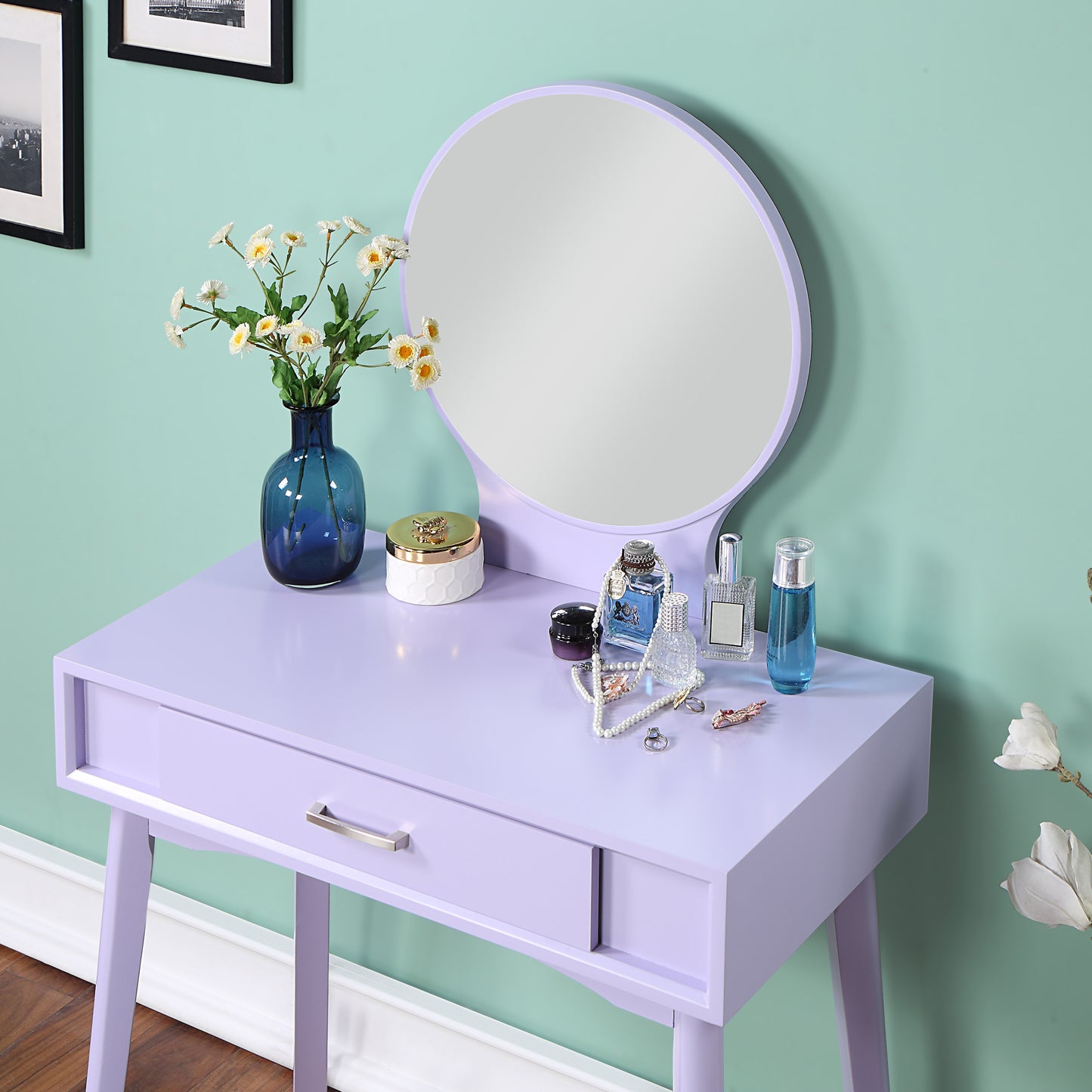 Contemporary Wood Vanity and Stool Set with Storage Drawers, Makeup Table for Bedroom, Modern Desk - Purple
