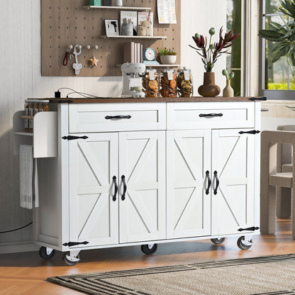 Farmhouse Rolling Kitchen Island with Power Outlet, Drop Leaf, Spice Rack, and Storage Drawers - 53.5'' White Cart for Kitchen and Dining Room