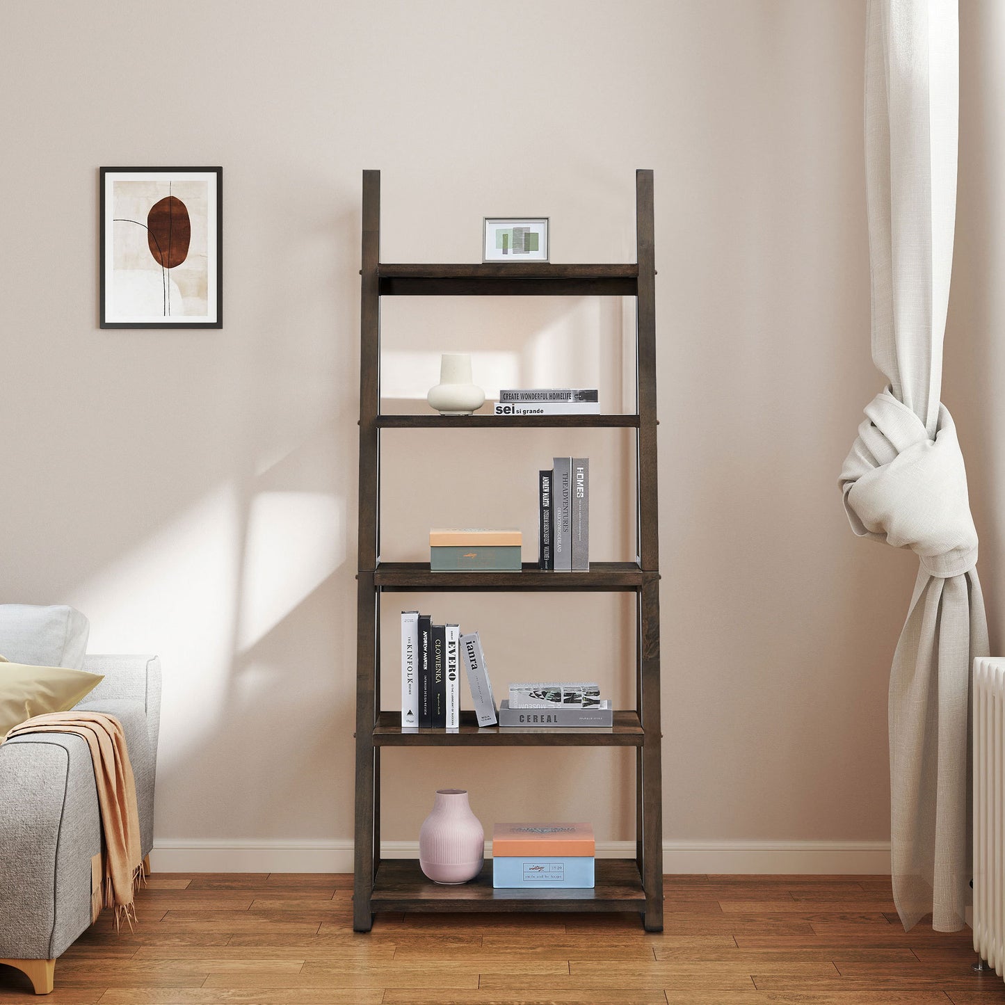 Rustic Brown 5-Tier Ladder Shelf - Solid Wood Bookshelf & Storage Rack for Home and Office