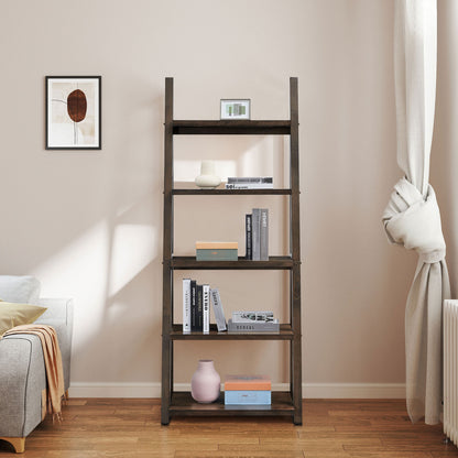 Rustic Brown 5-Tier Ladder Shelf - Solid Wood Bookshelf & Storage Rack for Home and Office