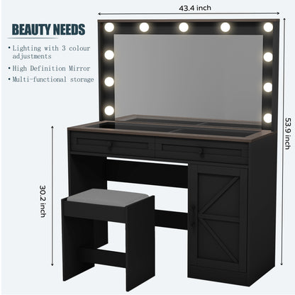 43.4-Inch Makeup Vanity Table with Mirror and 11 LED Lights, 3-Drawer Desk, Adjustable Brightness, Black