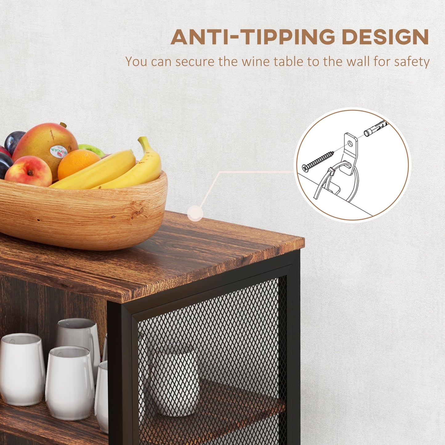 Rustic Brown LED Wine Cabinet With Glass Holders Charging